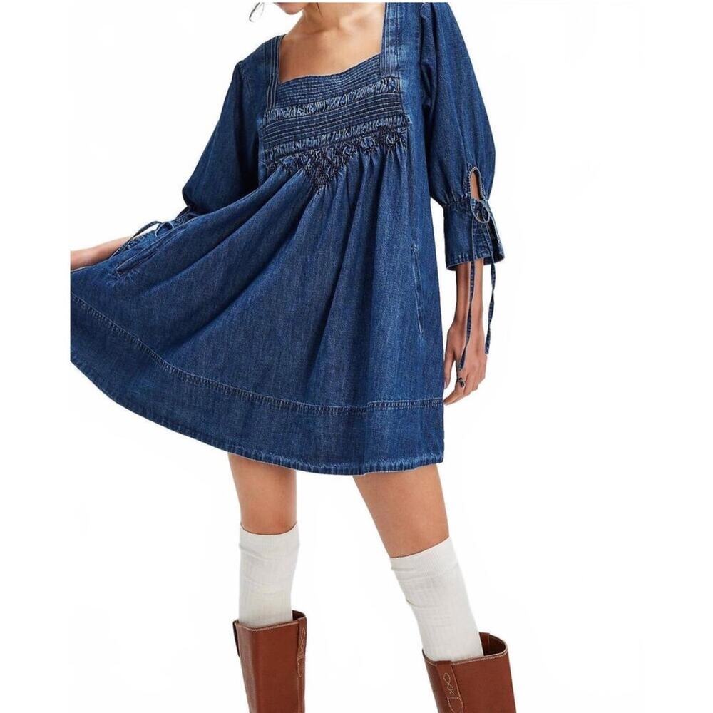 NWT Free People Sonora Denim Babydoll Mini Dress Square Neck L Midnight Rinse - Picture 6 of 12